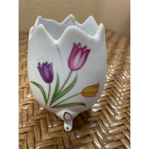Vintage Geo Z Lefton Egg Cup Vase Handpainted Girl Flowers Spring Easter - Picture 8 of 14